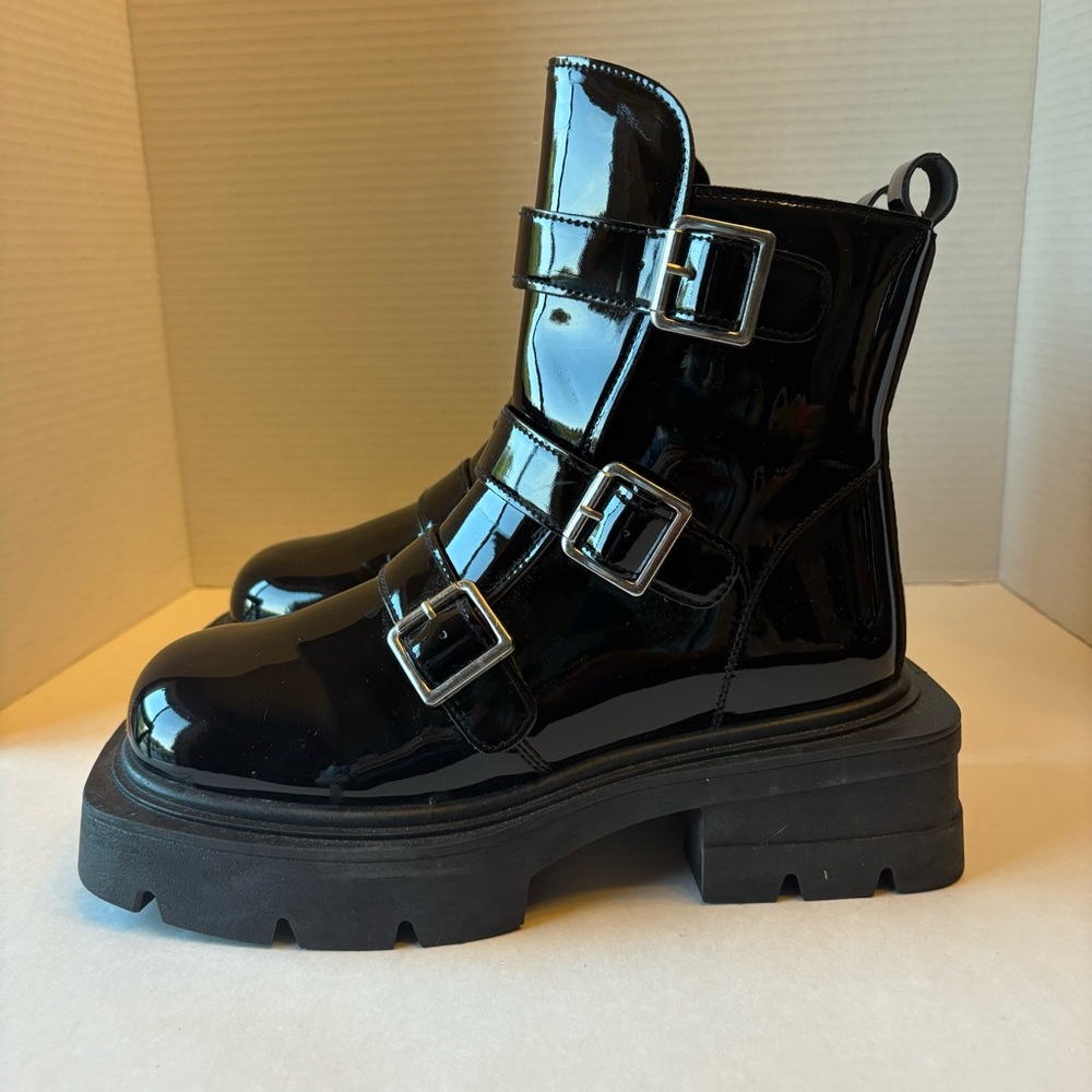 Rouge Helium Black Patent Leather Platform Combat Women's Boots, size 8 - Picture 2 of 10